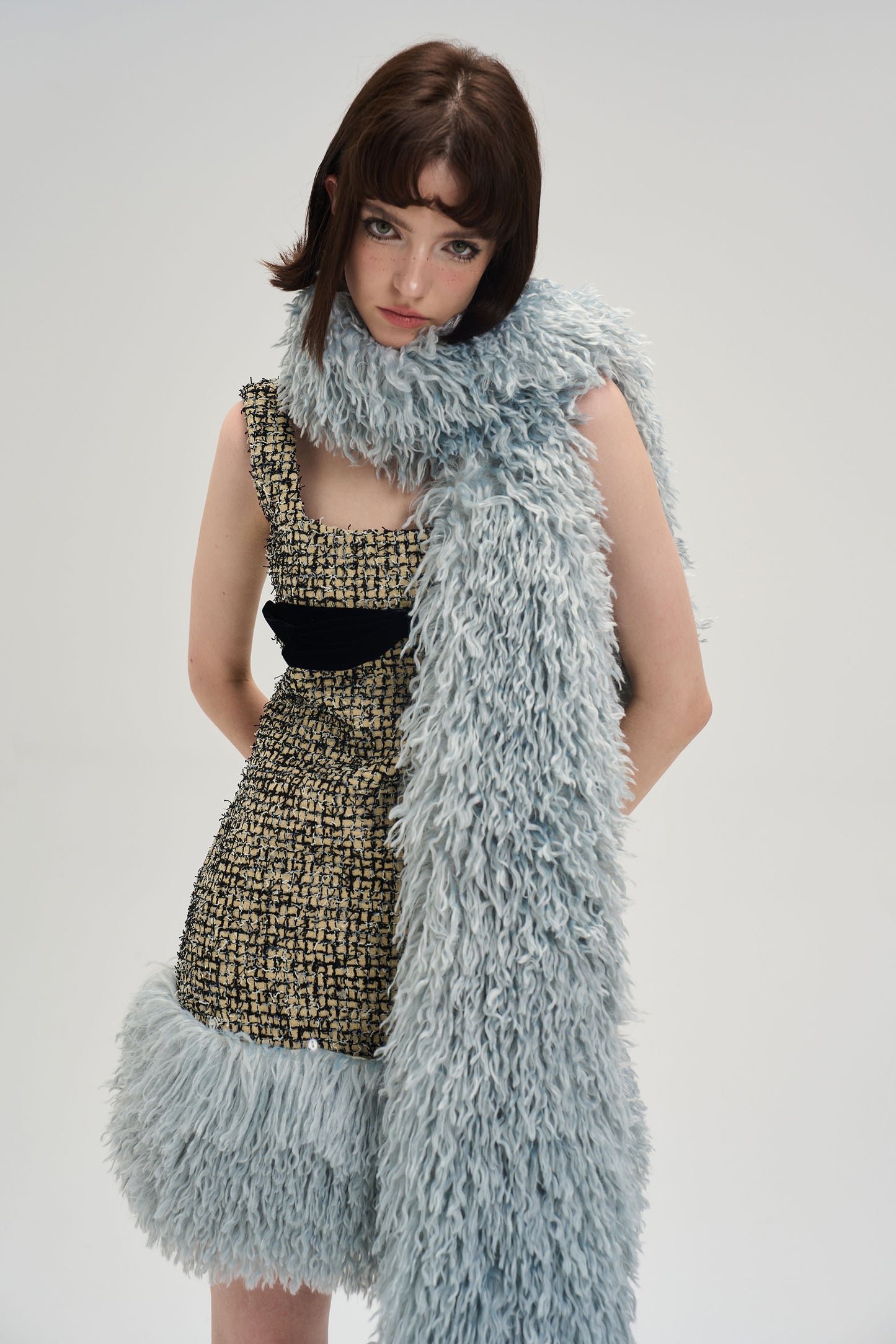 Square Neck Short Length Ribbon Tweed Fur Dress