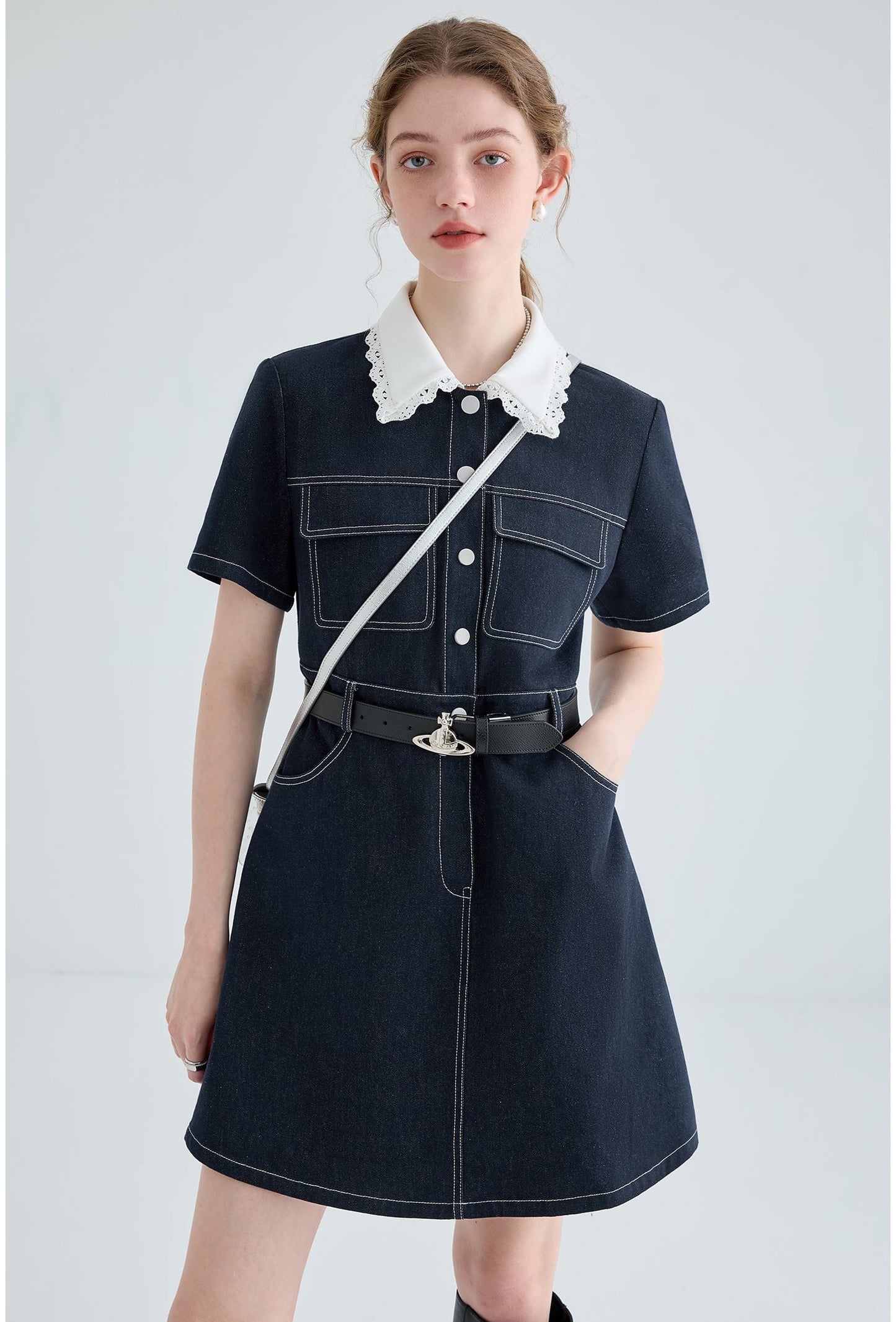 French Lace Doll Collar Denim Dress