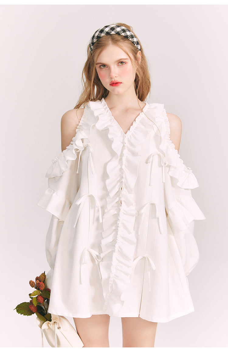 Off-the-shoulder Frilled V-neck Shirt Dress