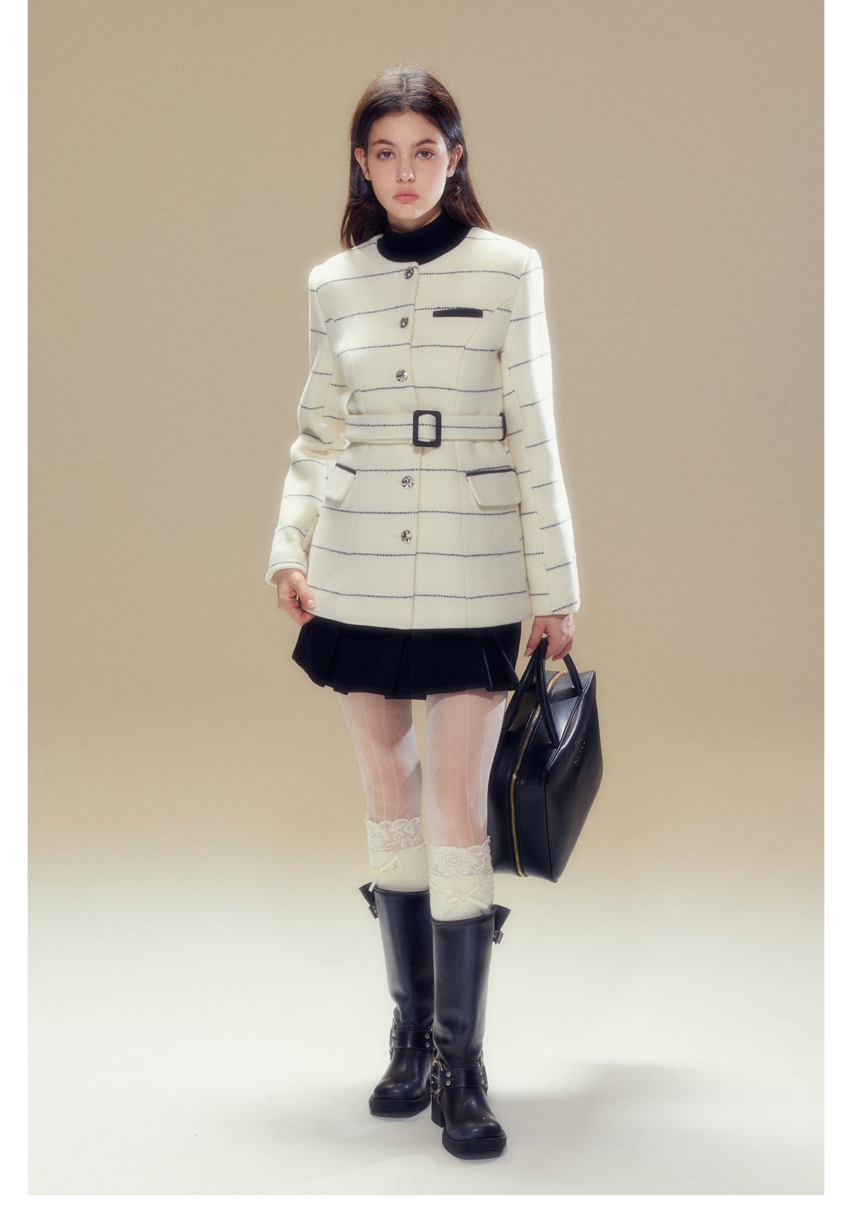 Short length striped collar fur wool coat