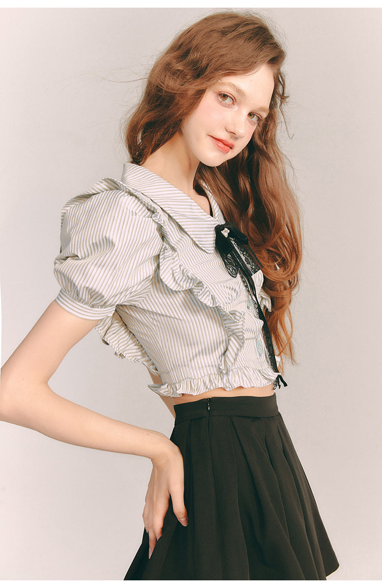 Lace front ribbon slim short length shirt