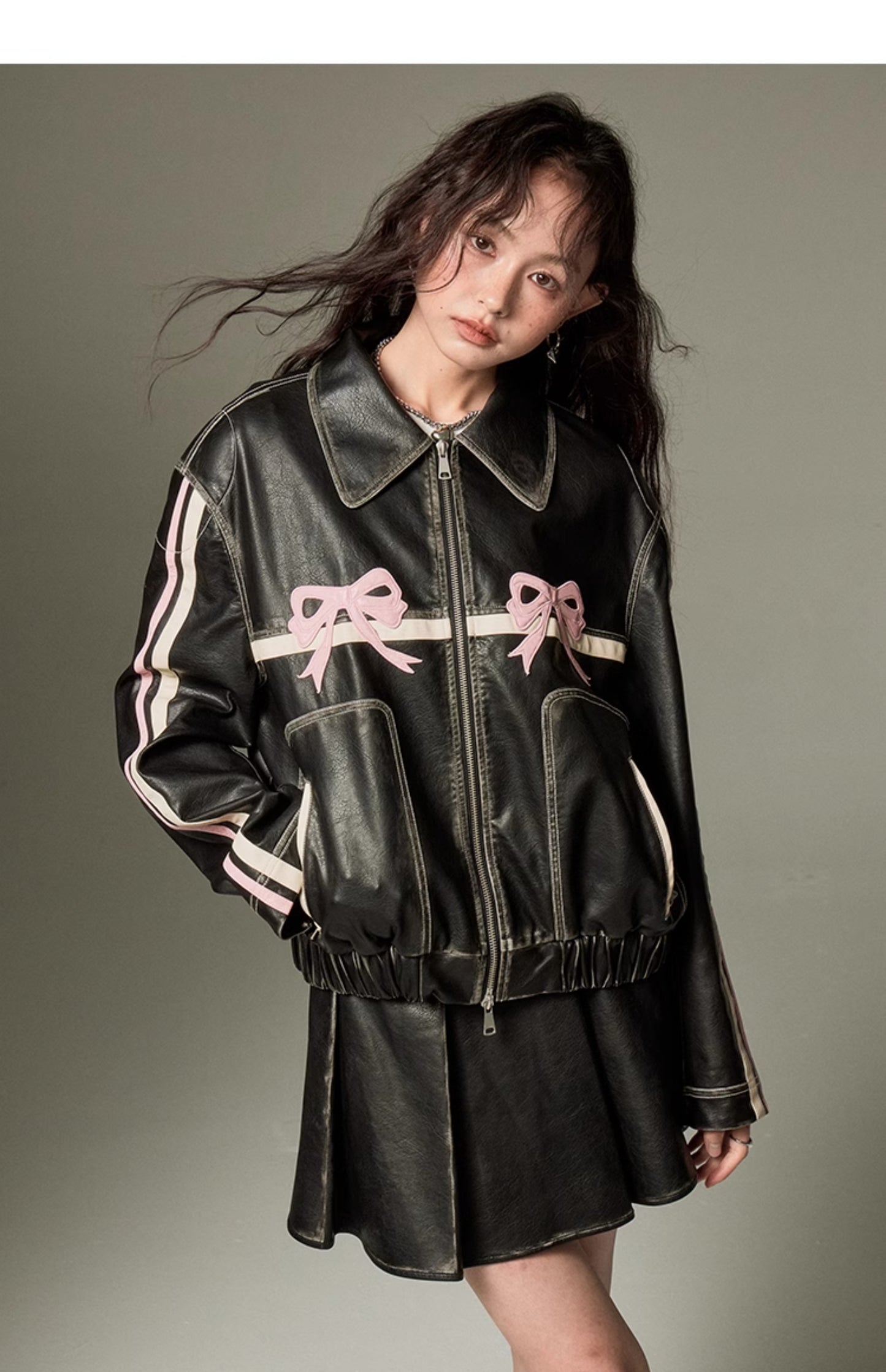 Retro Black Ribbon Leather Jacket