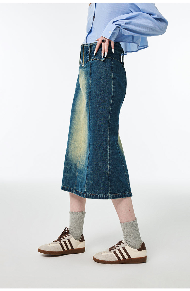 Hip Hugging High Waist Mid Length Denim Skirt