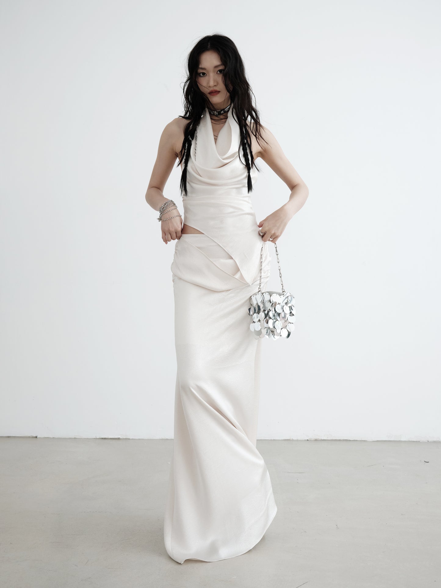 Pearl White Draped Vest and Long Skirt Set