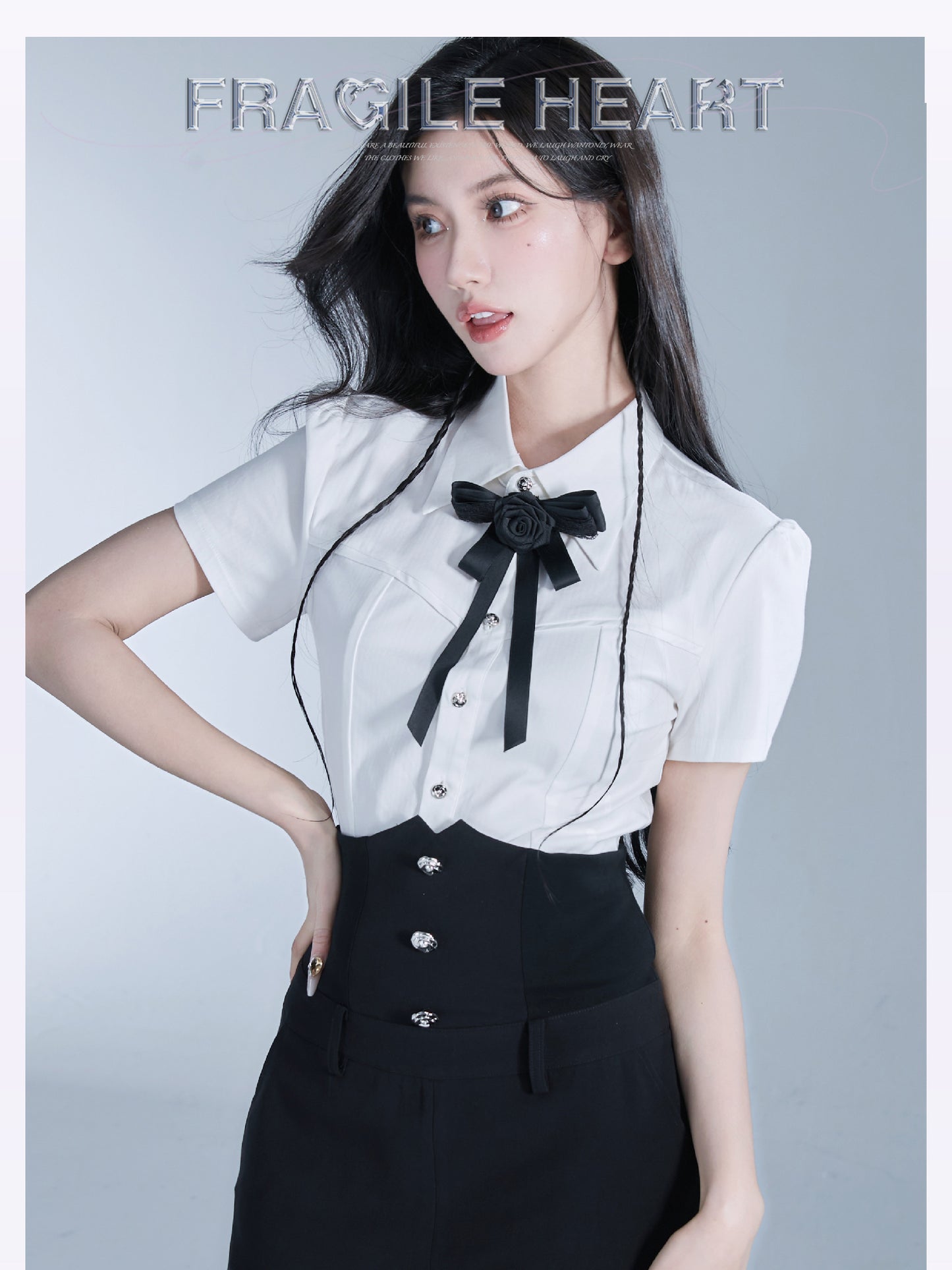 Rose Ribbon Slim Fit Shirt & High Waist Slim Fit Short Length Skirt Set Up