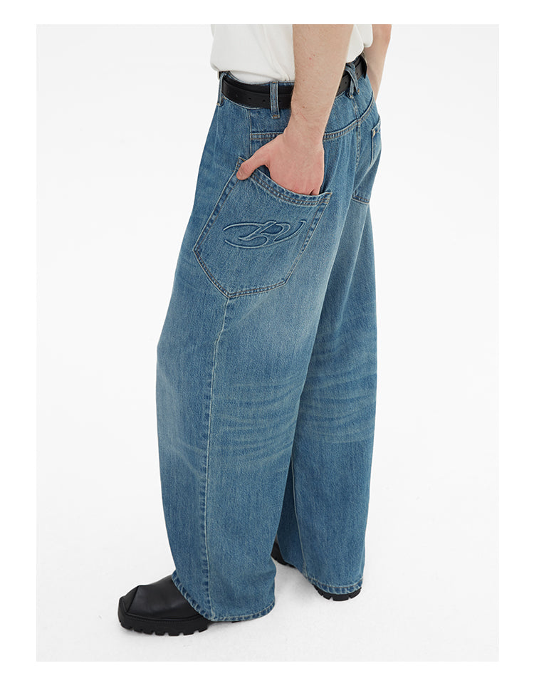 Wide leg irregular pocket washed denim pants