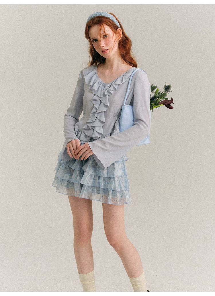 Sea Blue Broken Ruffle French Shirt Top