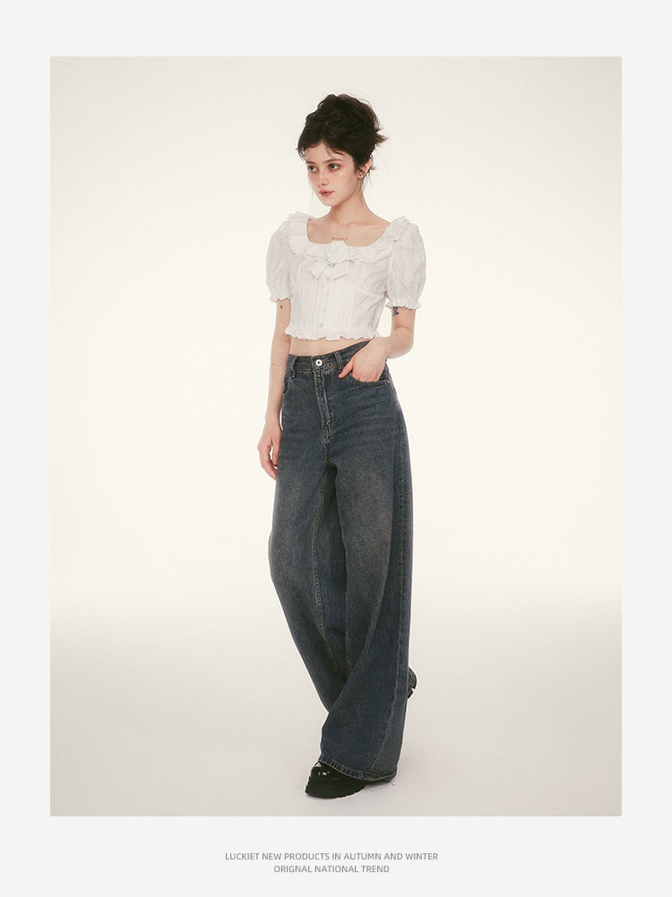 Retro wash wide leg pants casual loose jeans