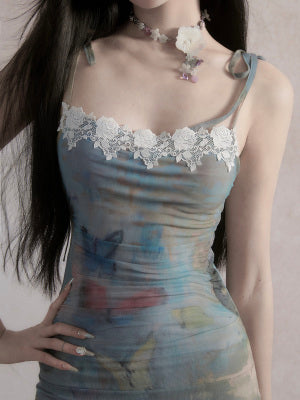 Tie-dye Pattern Butterfly Tight-fitting Suspender Dress