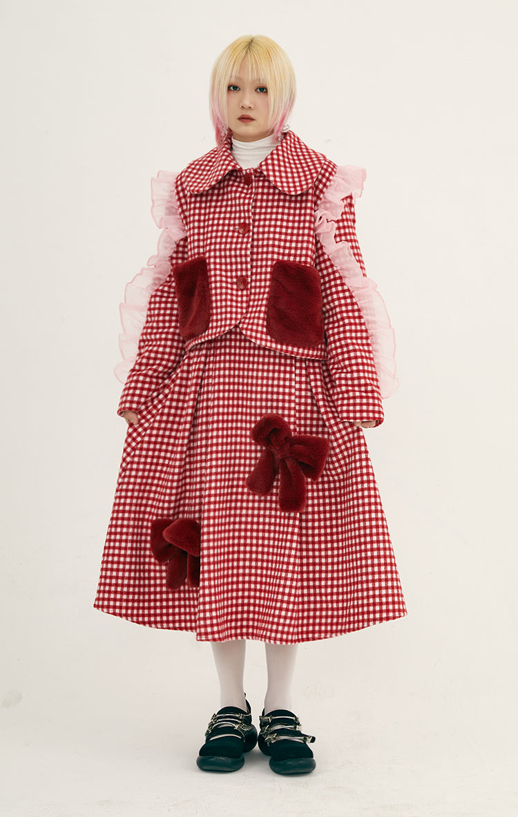 Girly Red Check Ruffle Jacket