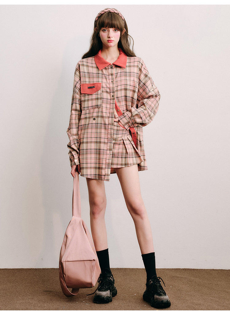 Loose Fit Plaid Shirt Jacket &amp; Pleated Skirt Set-Up