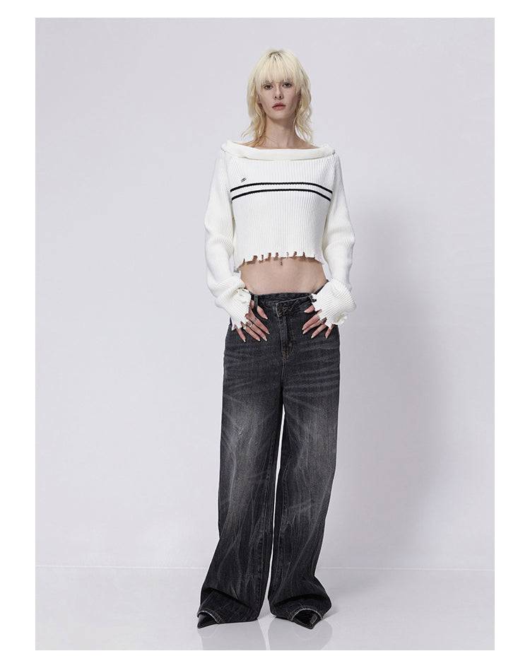 Wide Leg Washed Retro Flared Black Denim Pants