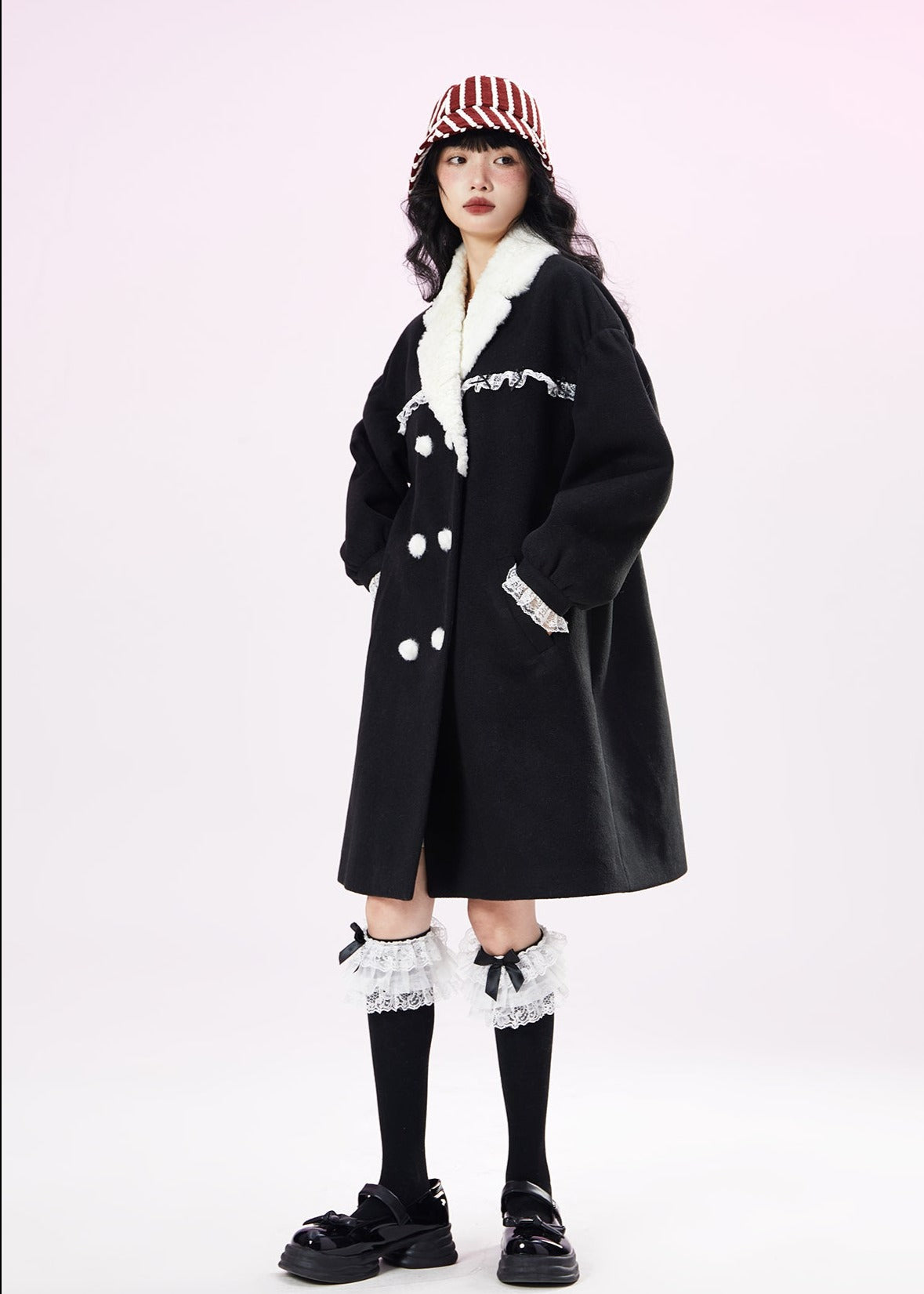 Original design black and white contrast wool coat women's winter