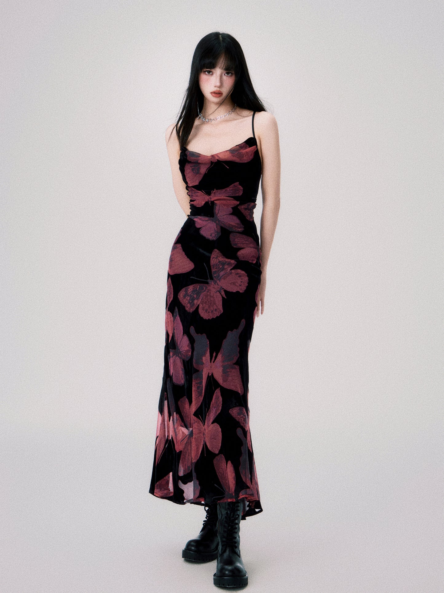 Square Neck Velvet Butterfly Suspender Dress