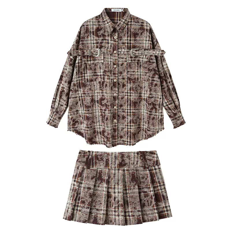 Contrast Checked Shirt &amp; Pleated Skirt Setup