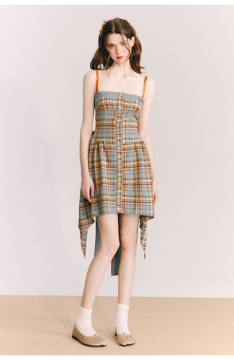 Back Ribbon Plaid Short Suspender One-piece