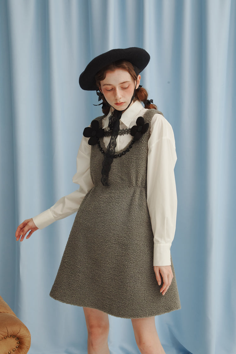 Wool Floral Objet Gray Vest Dress