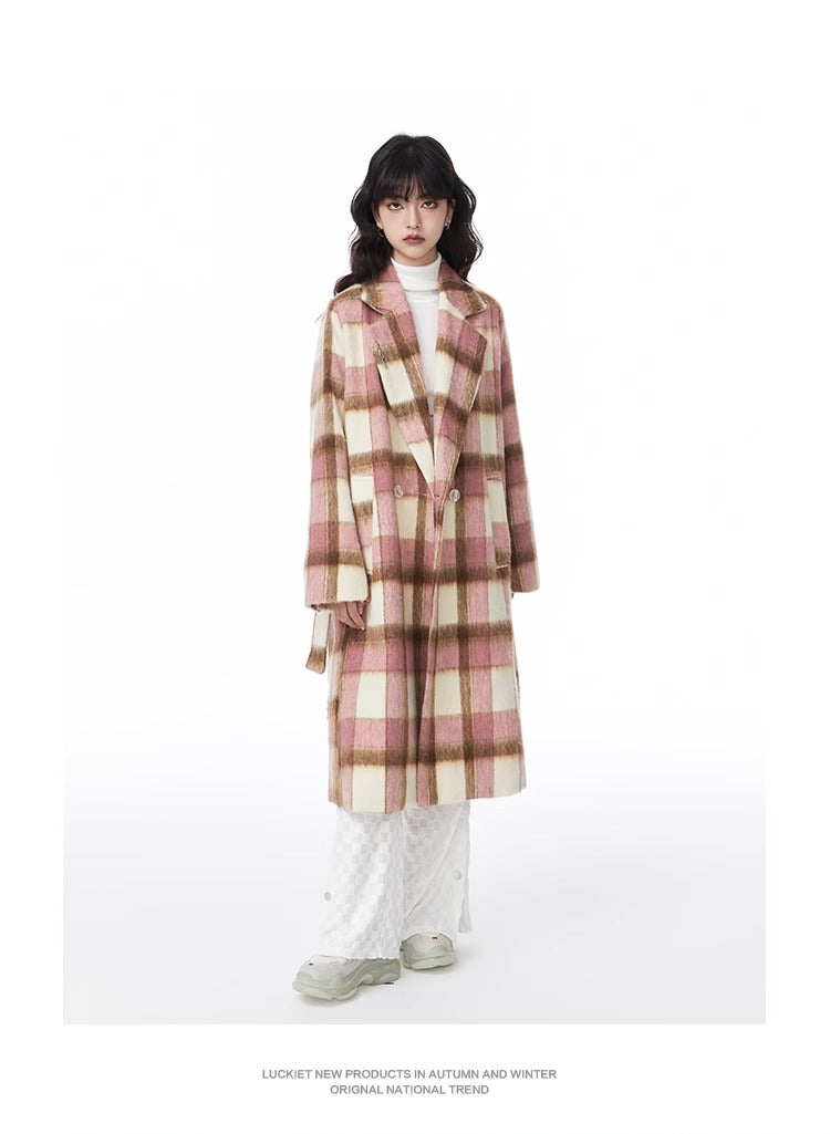 Checked wool mid-length coat