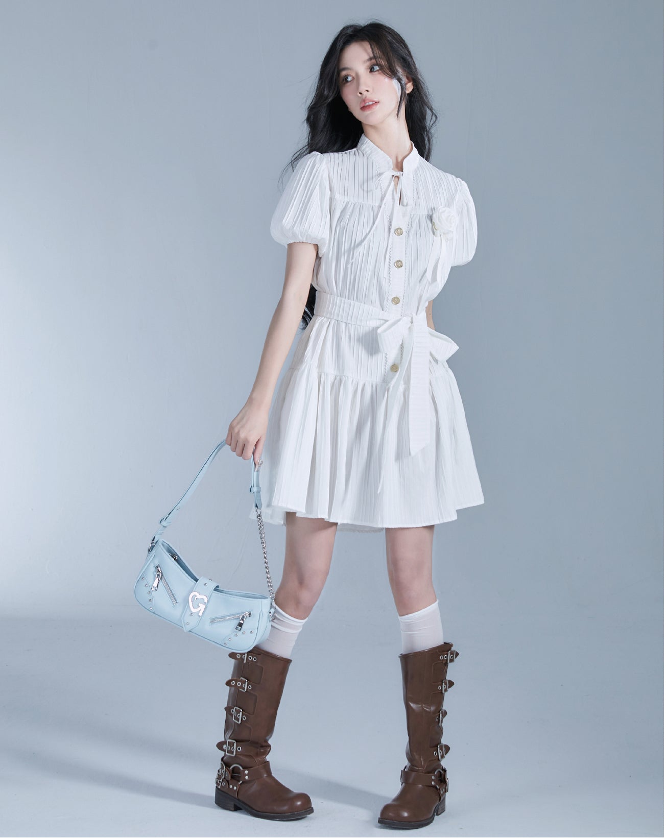 Front Button Oaf Sleeve Shirt Dress