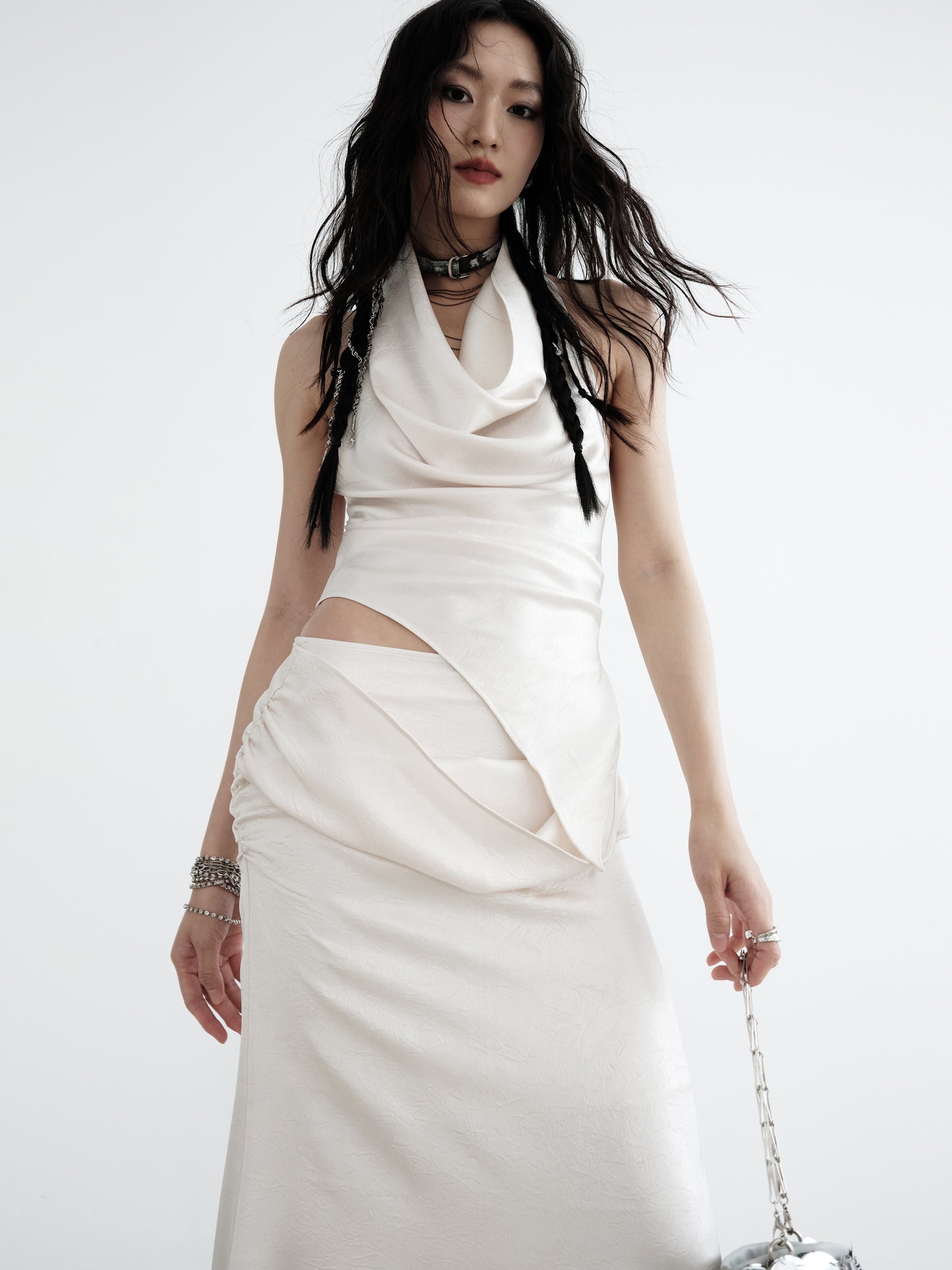 Pearl White Draped Vest and Long Skirt Set