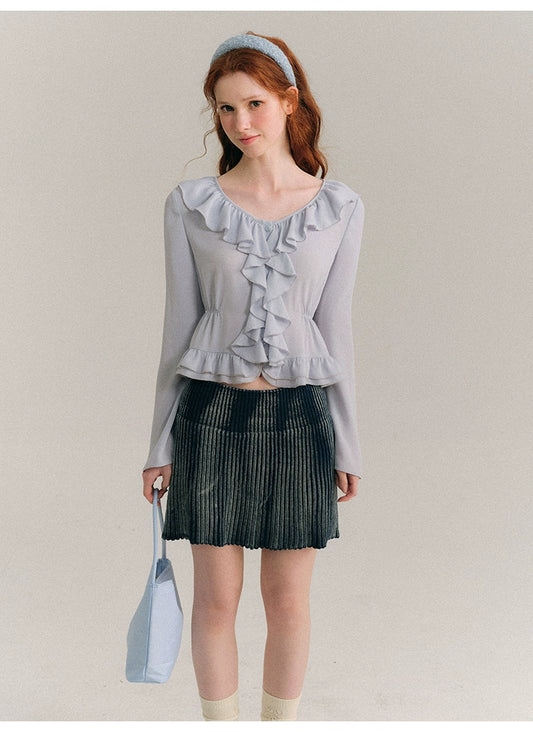 Sea Blue Broken Ruffle French Shirt Top