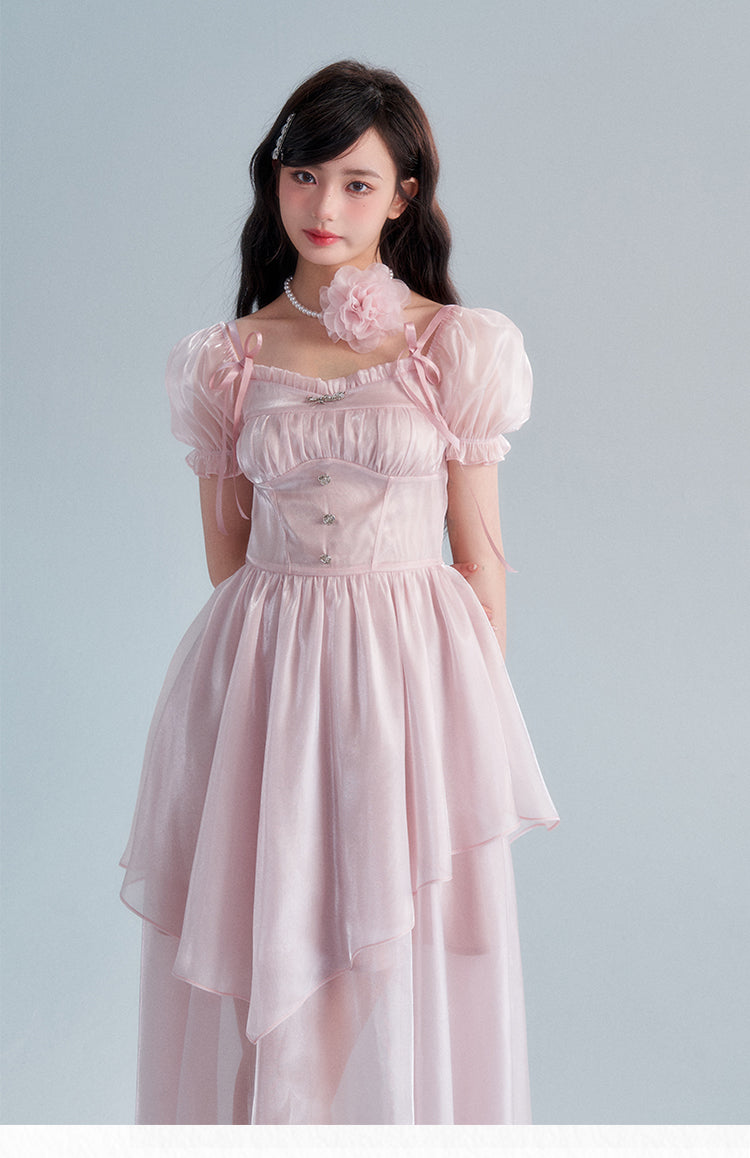 Pink Square Neck Puff Sleeve Long Dress