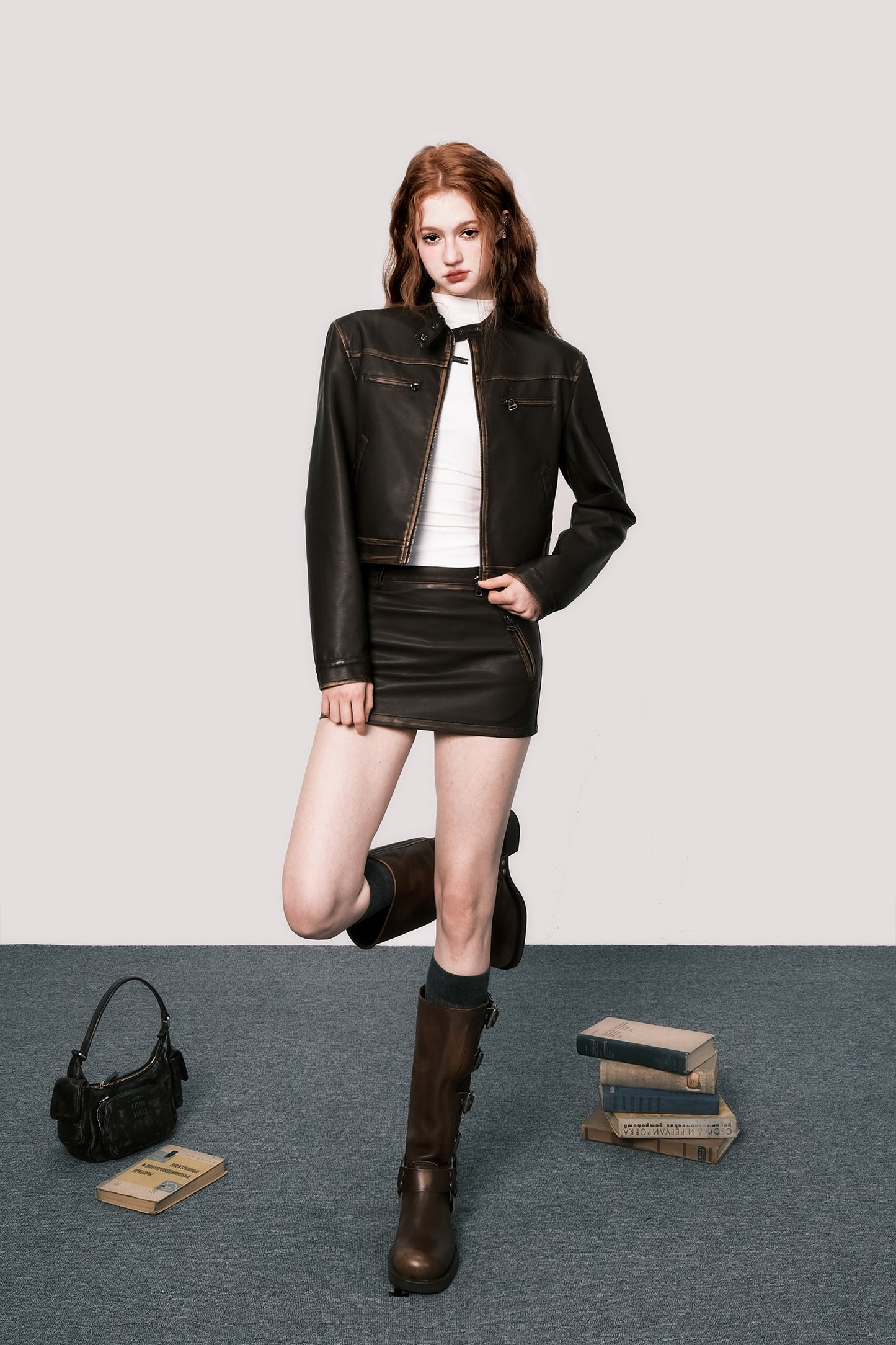 Retro Used Short Length Leather Jacket & Short Leather Skirt Setup