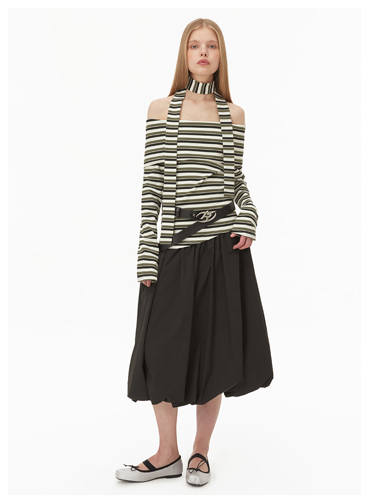 Off-shoulder neck strap striped knit