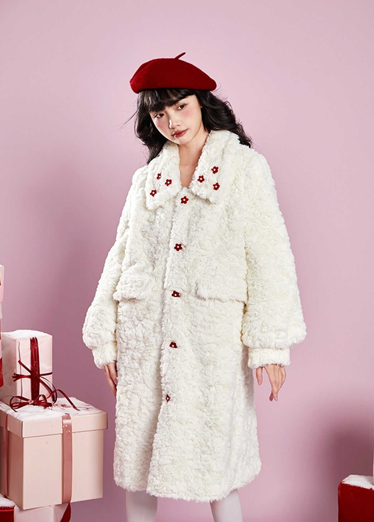 Original design winter retro mid-length thick plush coat