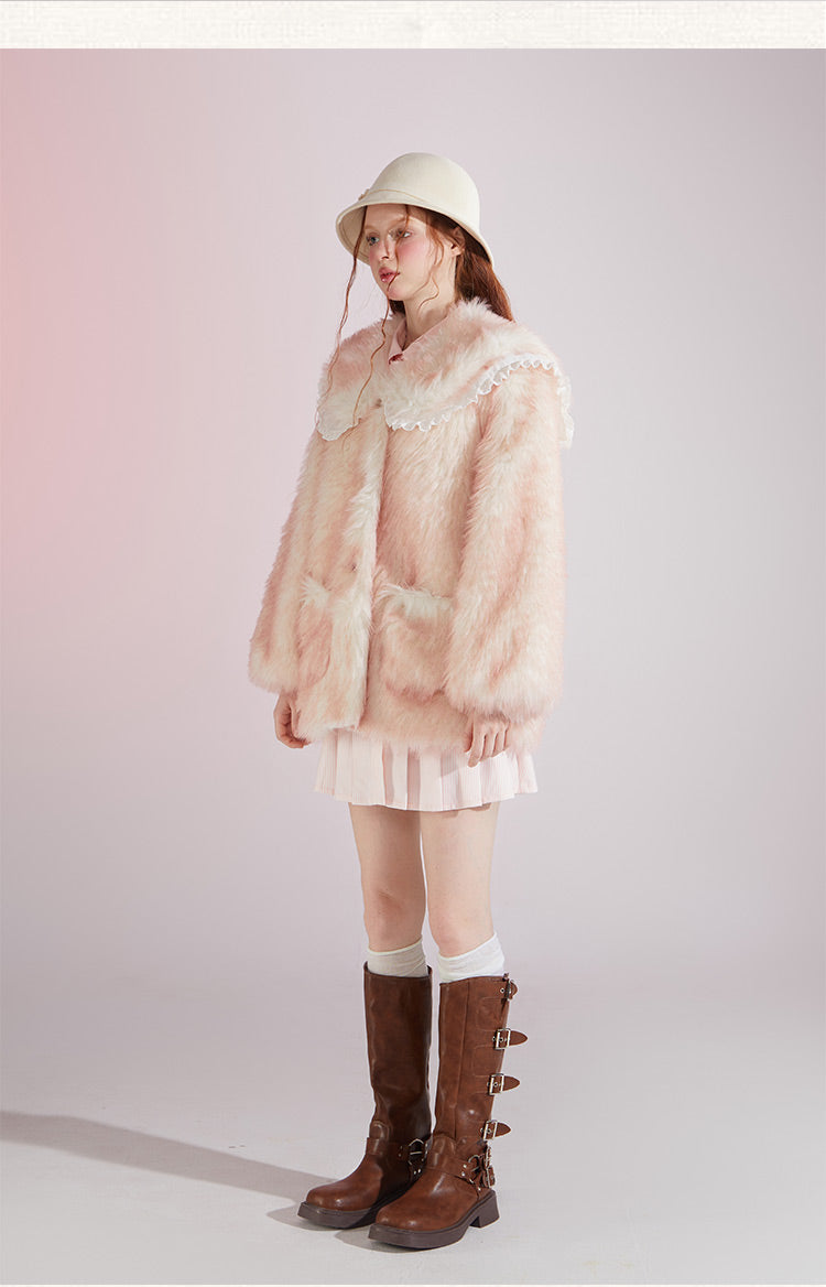 Original designSweet Baby Collar White&Pink Fur Coat