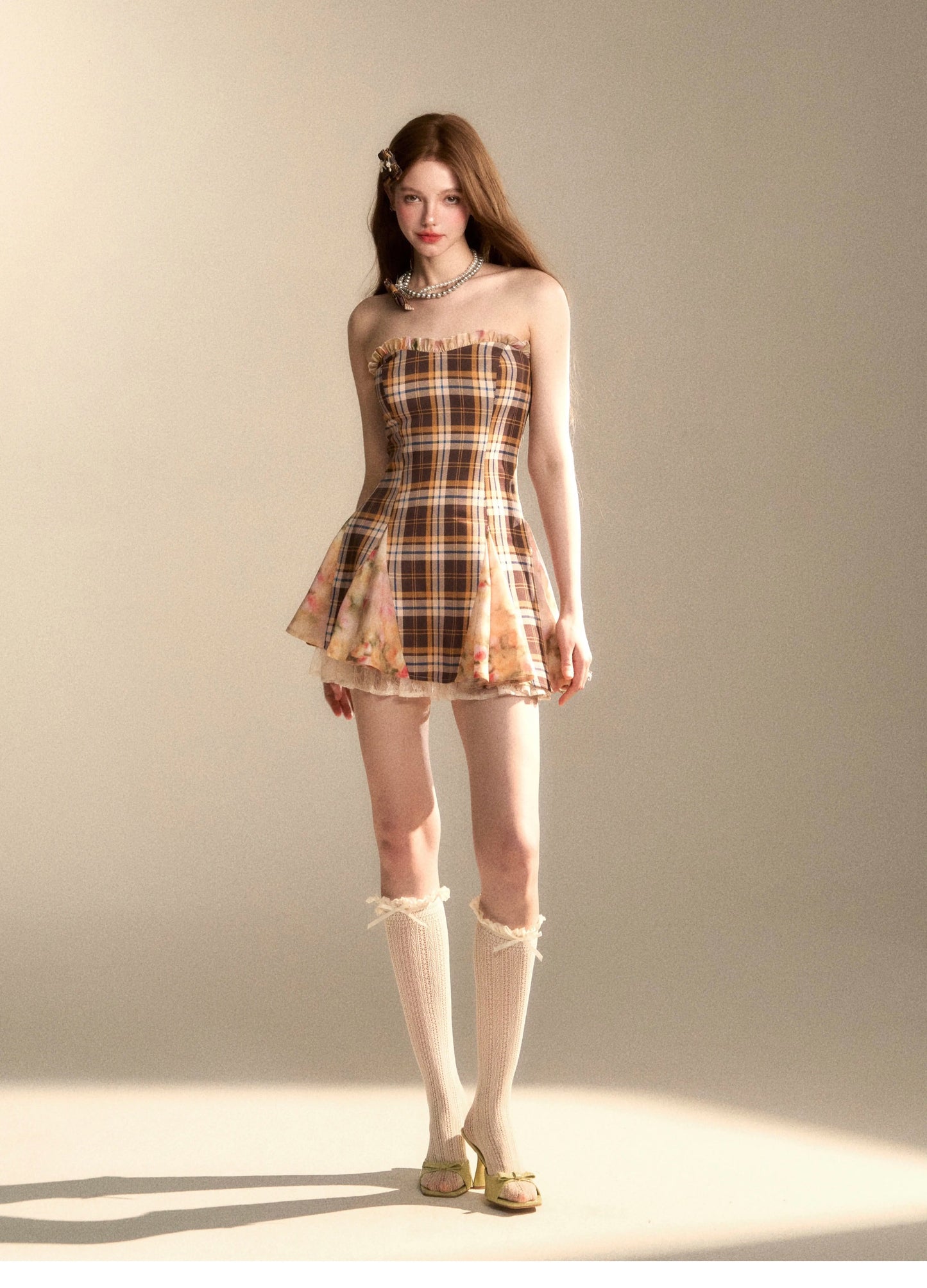 Original Checked Splicing Floral Dress