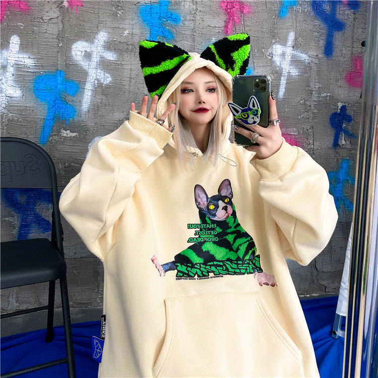 Loose fit cat ear print t-shirt