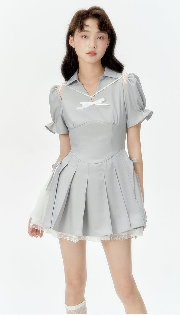 Mist Gray Small V-Neck Puff Sleeves Pleated Dress