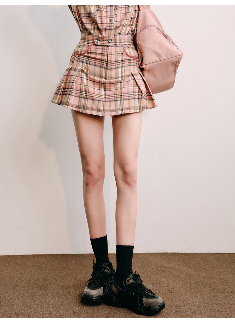 Loose Fit Plaid Shirt Jacket &amp; Pleated Skirt Set-Up