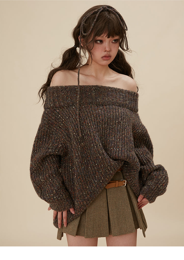 Retro loose fit off shoulder knit