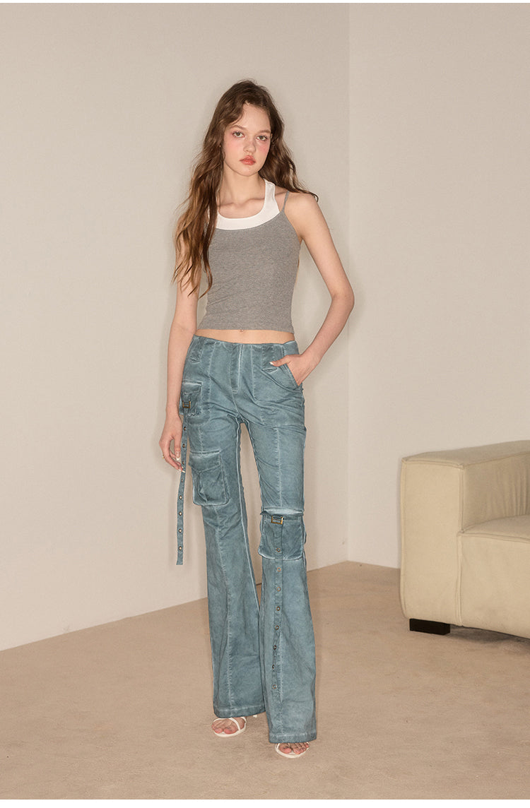 Flare Wash Overall Wide Leg Pants