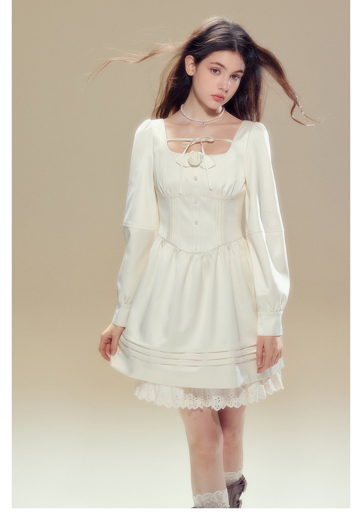 Square Neck Rose Objet Short Length Dress