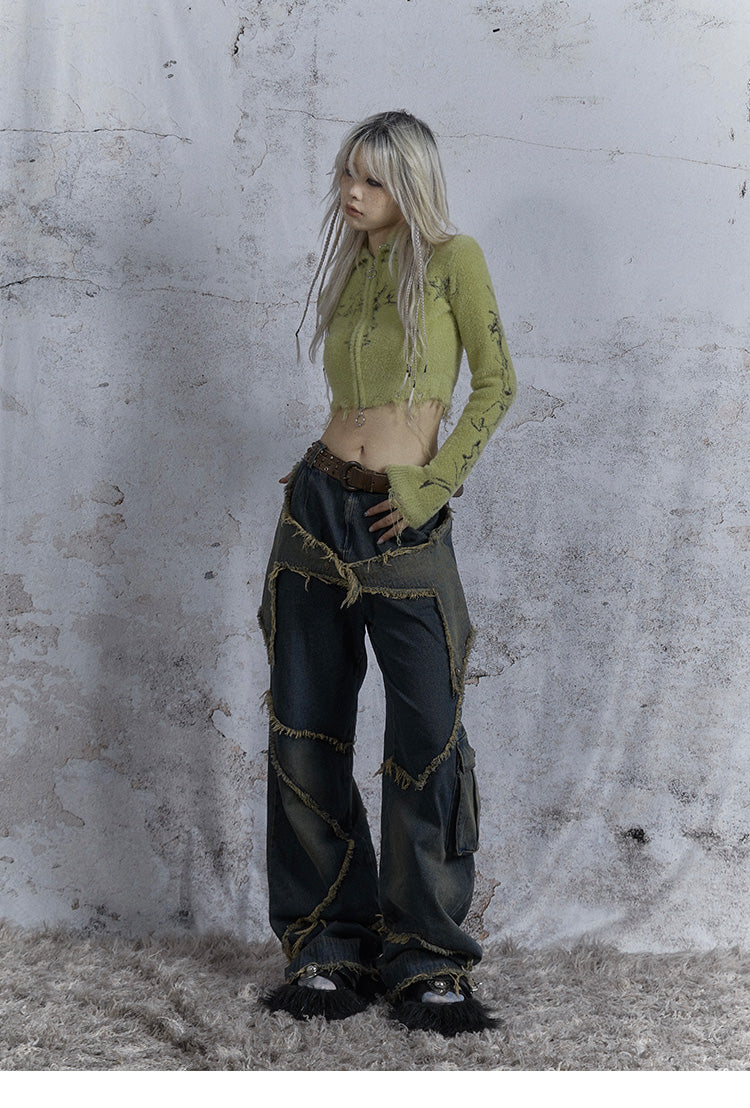 Washed Star Damaged Design Denim Pants