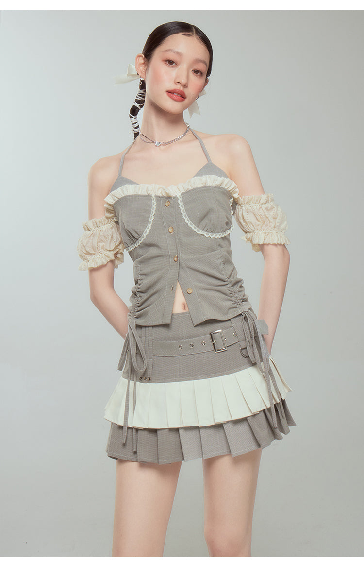 Off-Shoulder Suspender Top & Pleated Short Length Skirt Set-Up