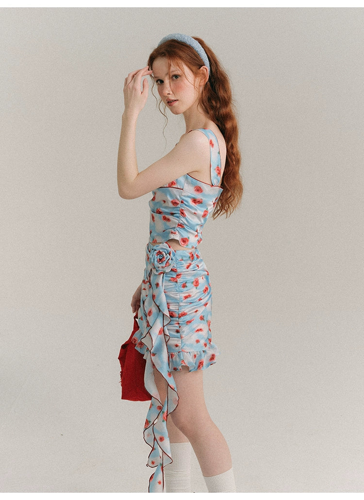 Slim Fit Rose Floral Pattern Suspender Dress