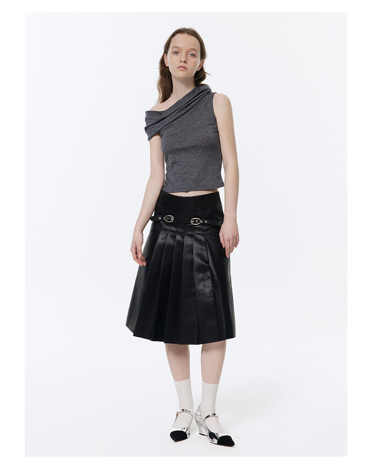 Retro Pleated A-line Leather Skirt