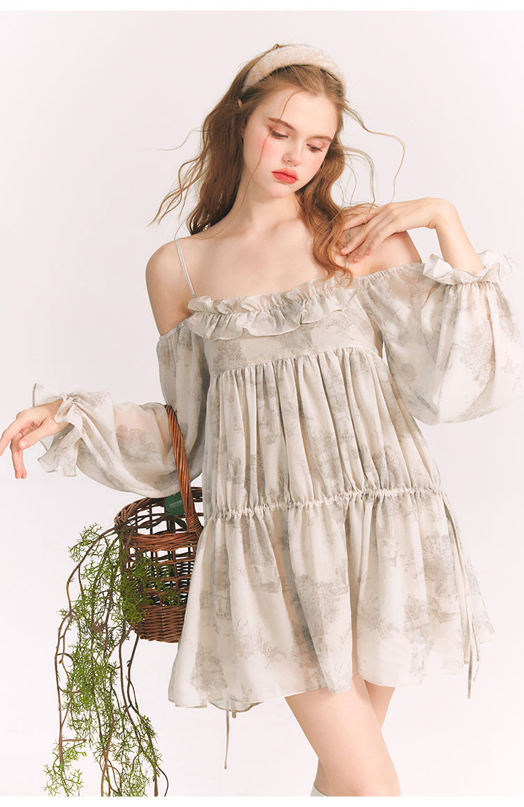 Square Neck Off-Shoulder Lace Ruffled Dress