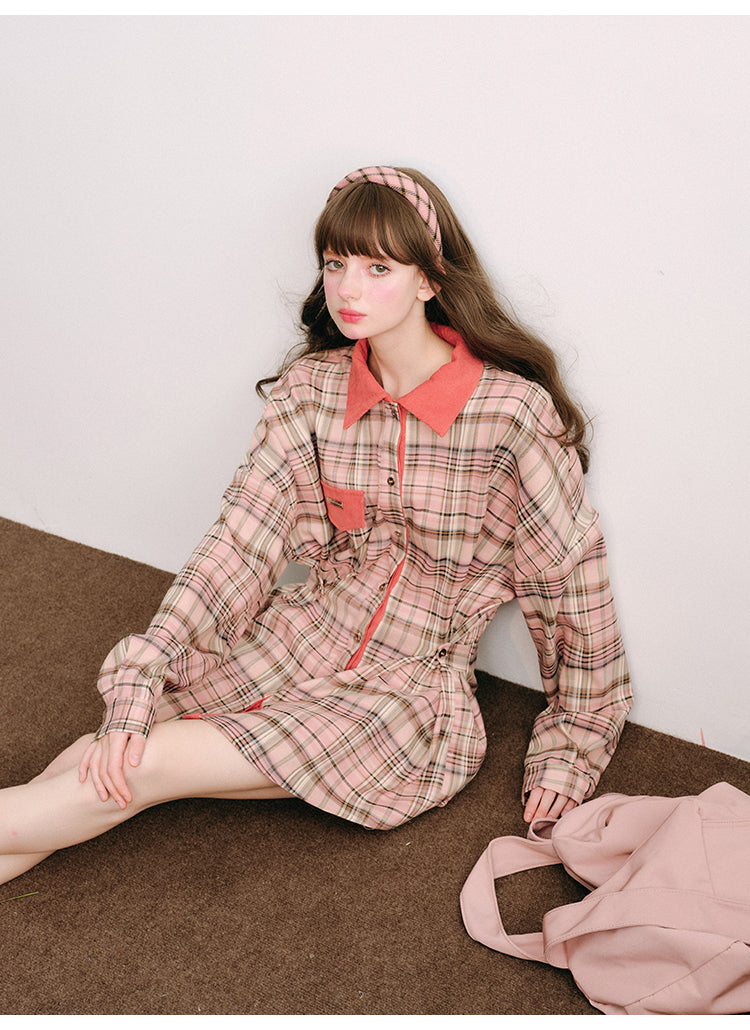 Loose Fit Plaid Shirt Jacket &amp; Pleated Skirt Set-Up