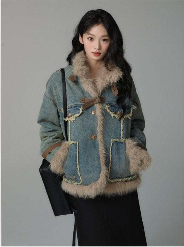 retro fur stitch denim coat