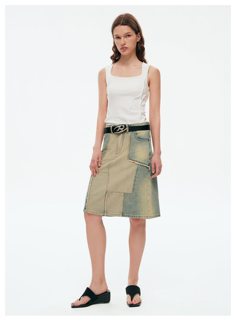 Reconstructed Retro Washed Slim A-Line Skirt