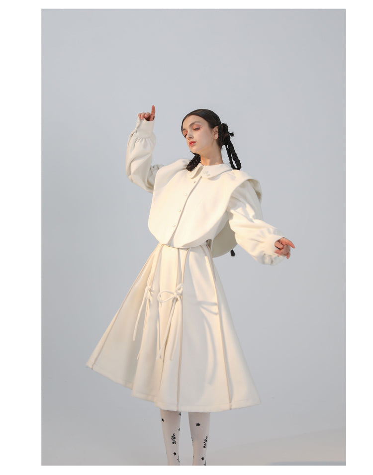 Short Length Puff Sleeve Jacket & High Waist Long Ribbon Skirt Setup