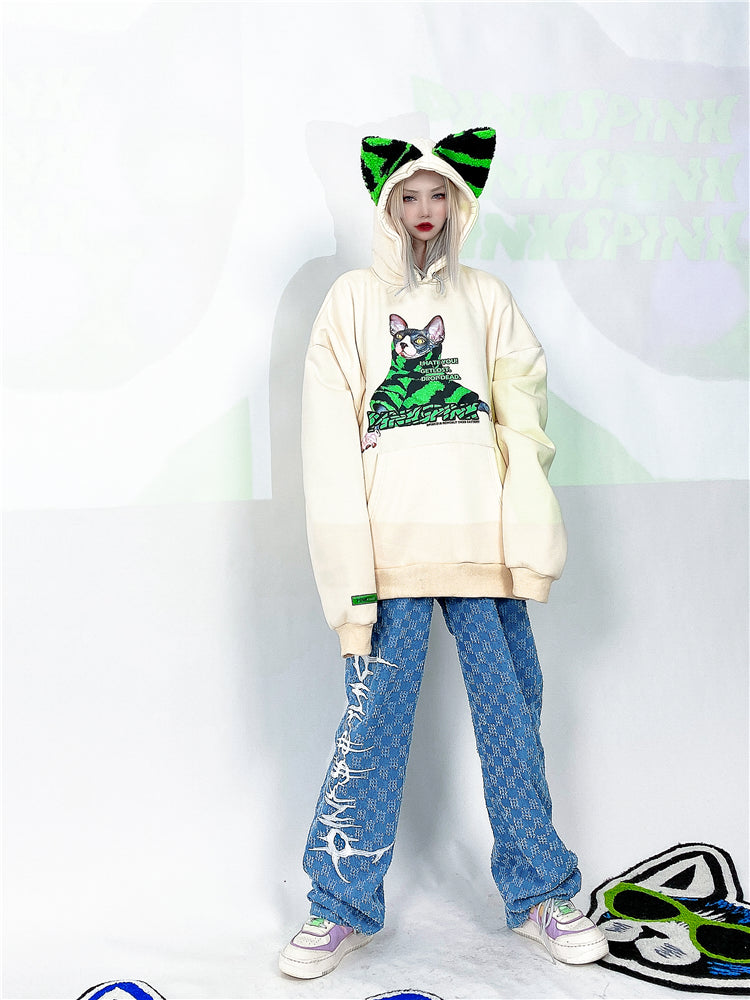 Loose fit cat ear print t-shirt