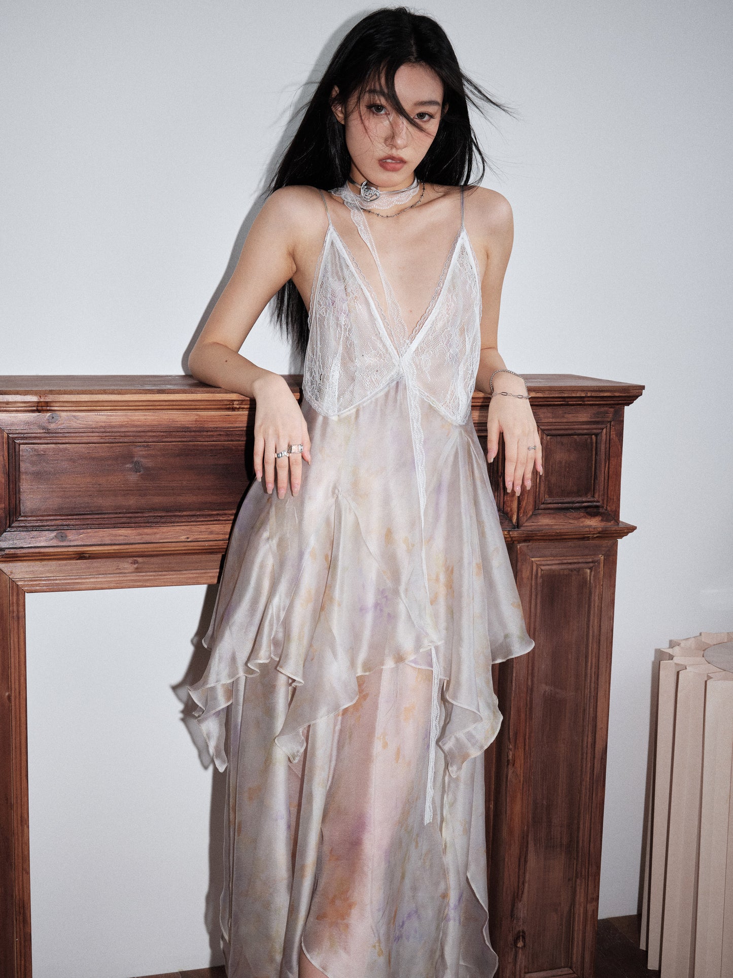 Gauze Print Transparent Feather Dress