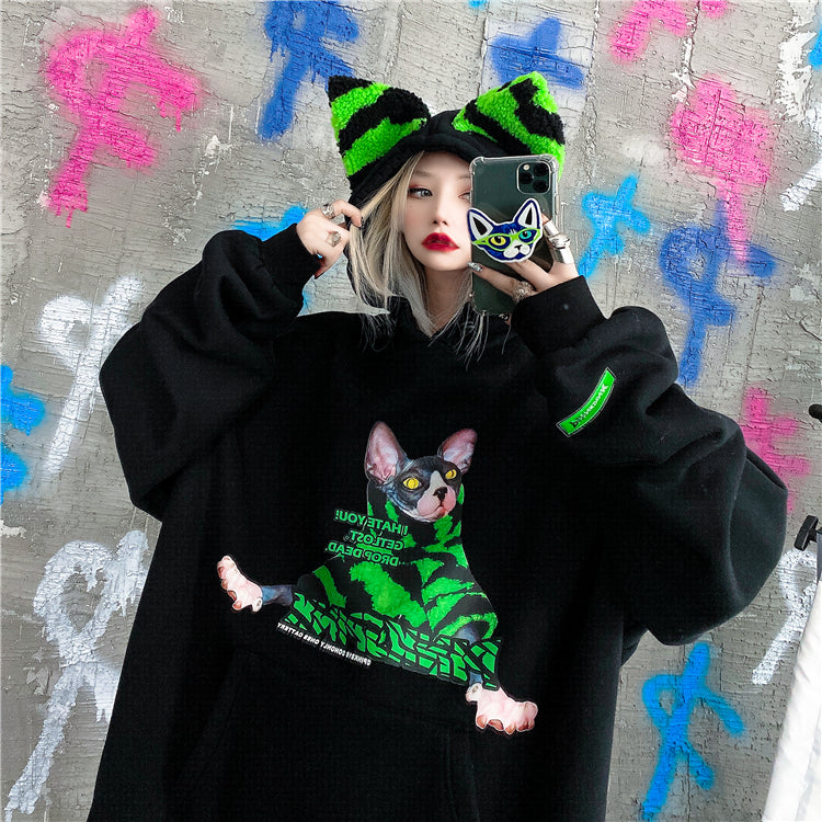 Loose fit cat ear print t-shirt