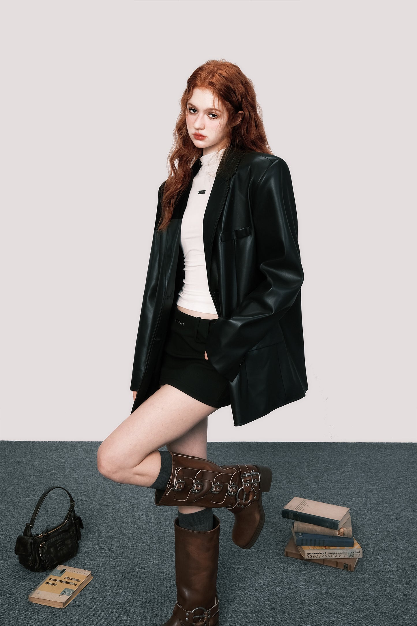 Oversized retro leather suit jacket